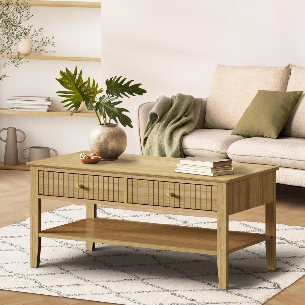 Natural Coffee Table with Storage Drawers and Open Shelving