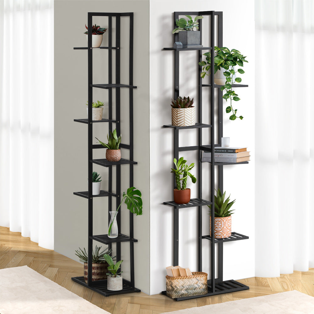7-Tier Bamboo Plant Stand Staggered Shelves Black
