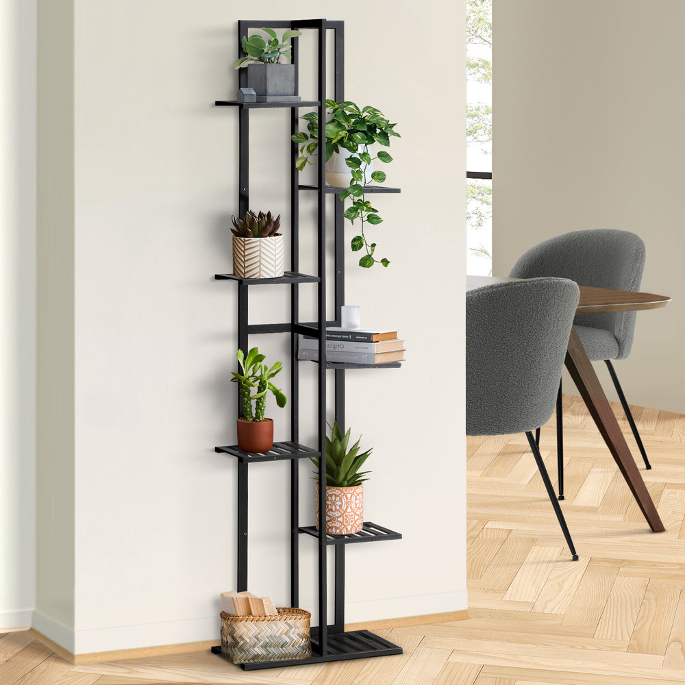 7-Tier Bamboo Plant Stand Staggered Shelves Black