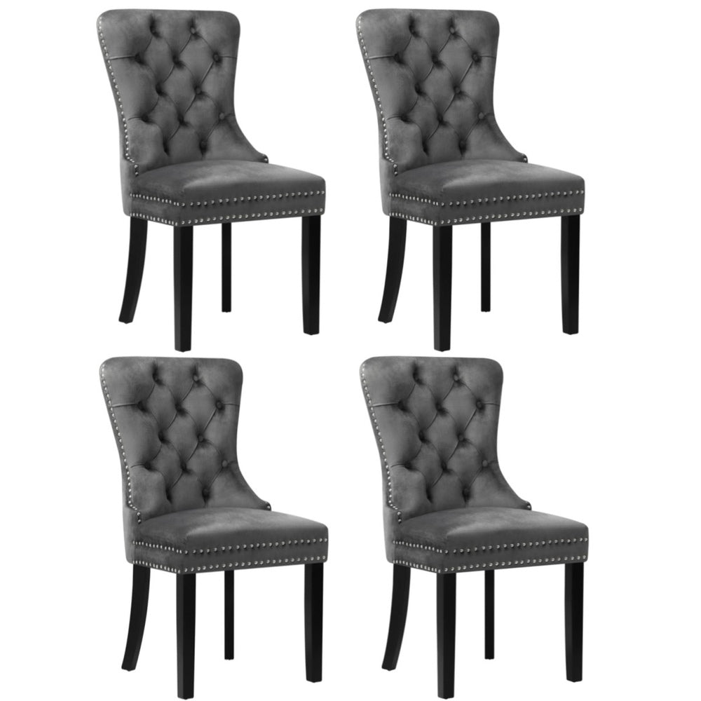 Set of 4 Velvet Tufted Dining Chairs French Provincial Style Grey