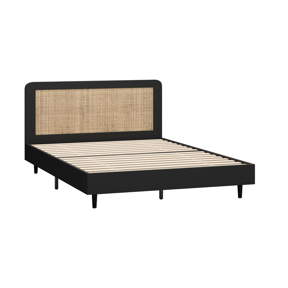 Queen Size Bed Frame with Real Rattan Headboard Black