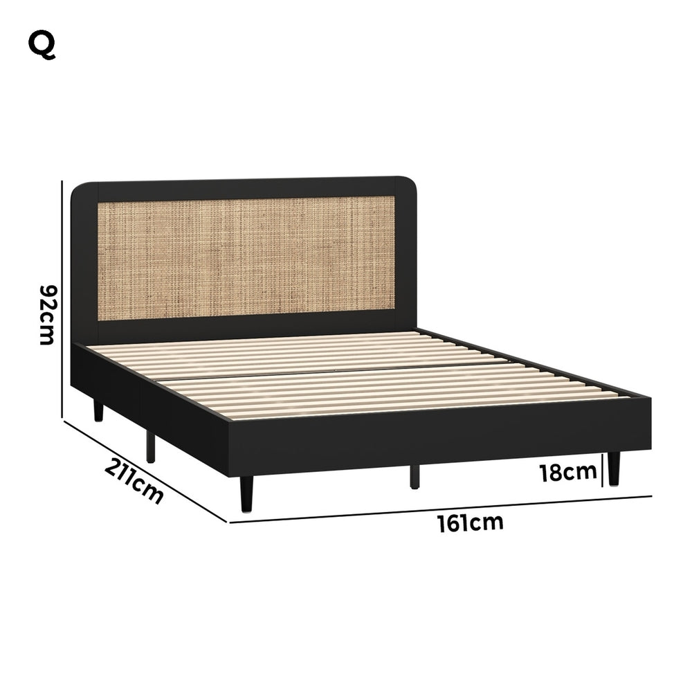 Queen Size Bed Frame with Real Rattan Headboard Black
