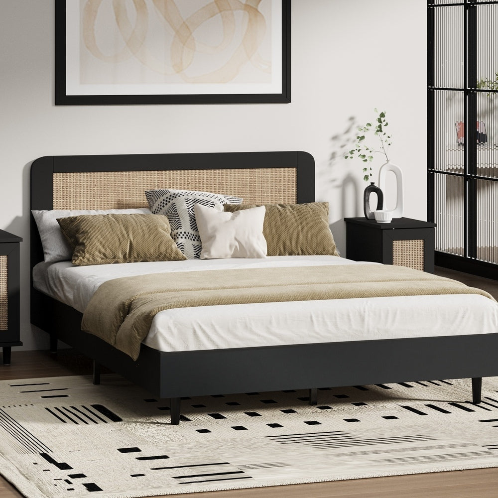 Queen Size Bed Frame with Real Rattan Headboard Black