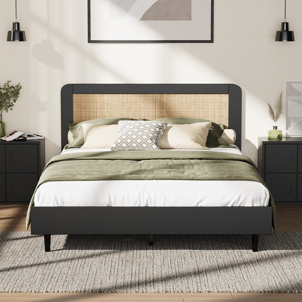 Queen Size Bed Frame with Real Rattan Headboard Black
