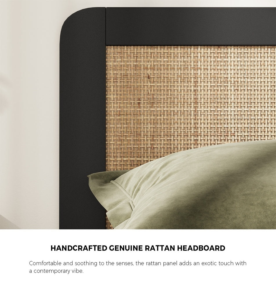 Queen Size Bed Frame with Real Rattan Headboard Black