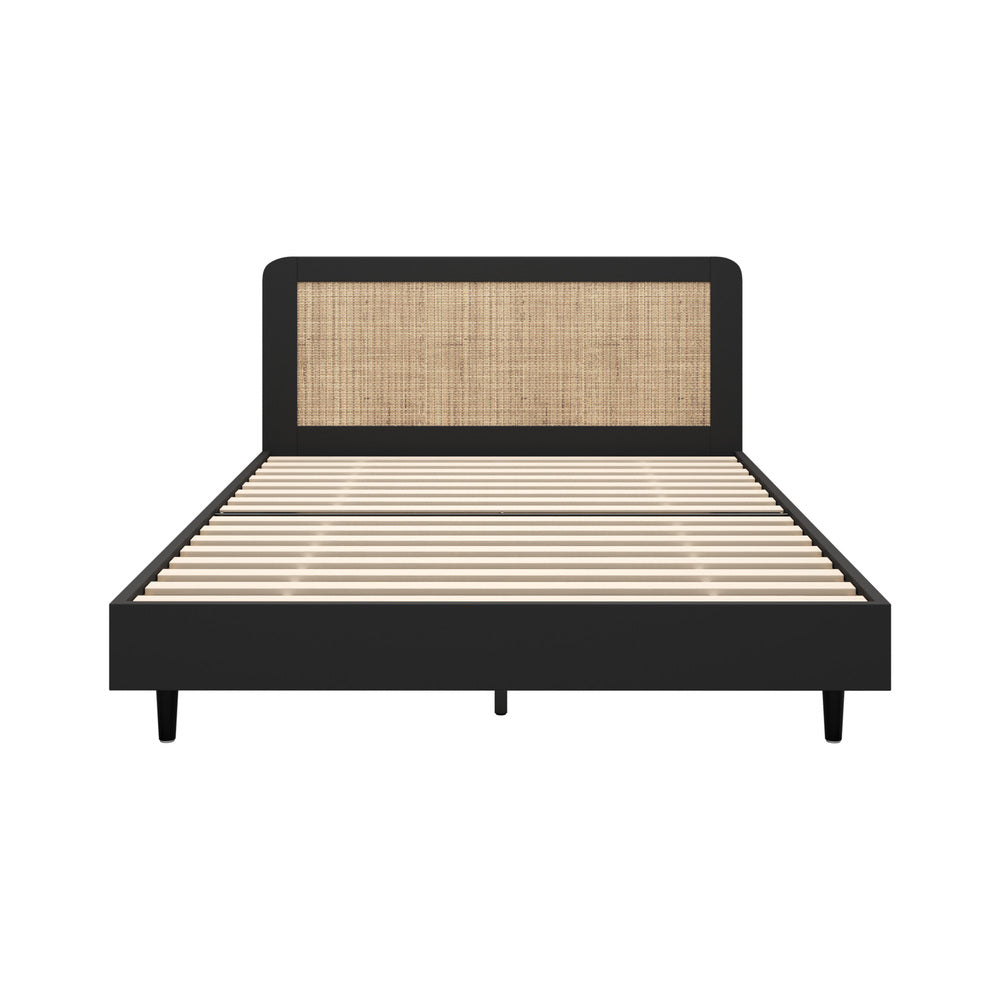 Queen Size Bed Frame with Real Rattan Headboard Black