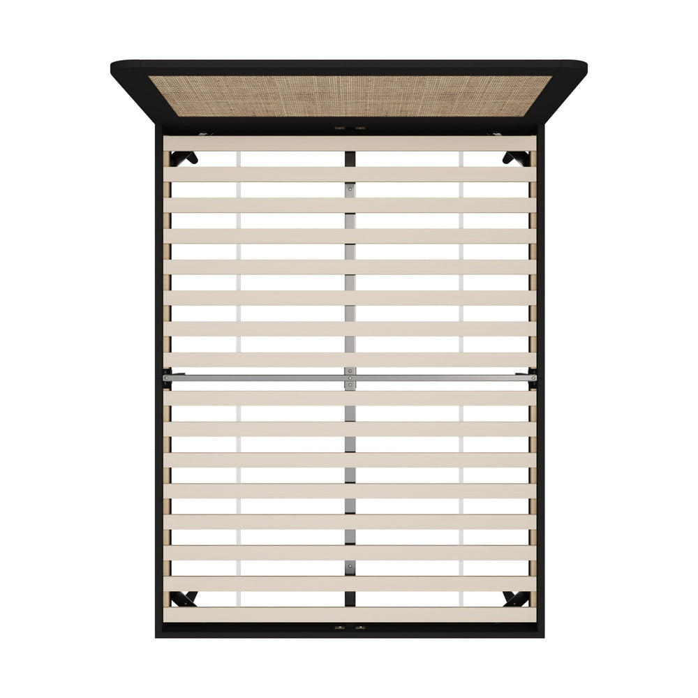 Queen Size Bed Frame with Real Rattan Headboard Black