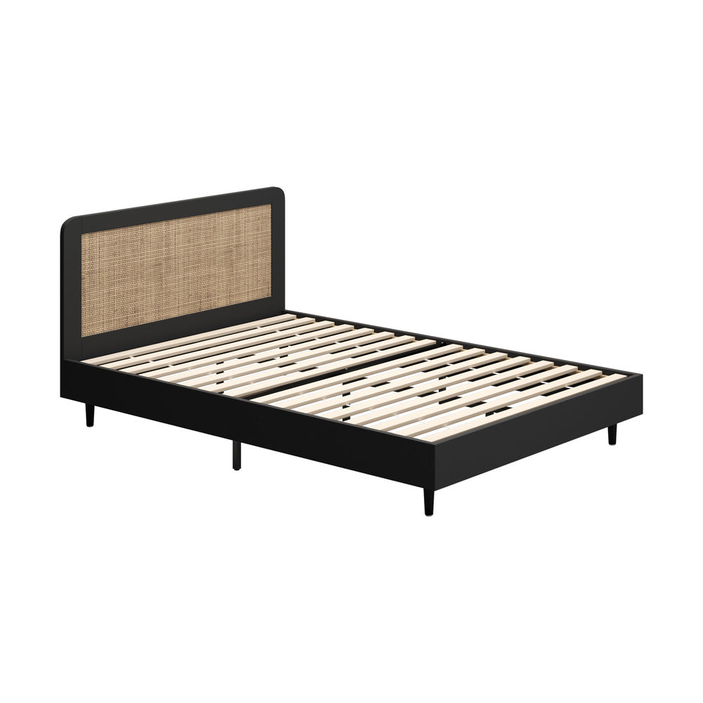 Queen Size Bed Frame with Real Rattan Headboard Black