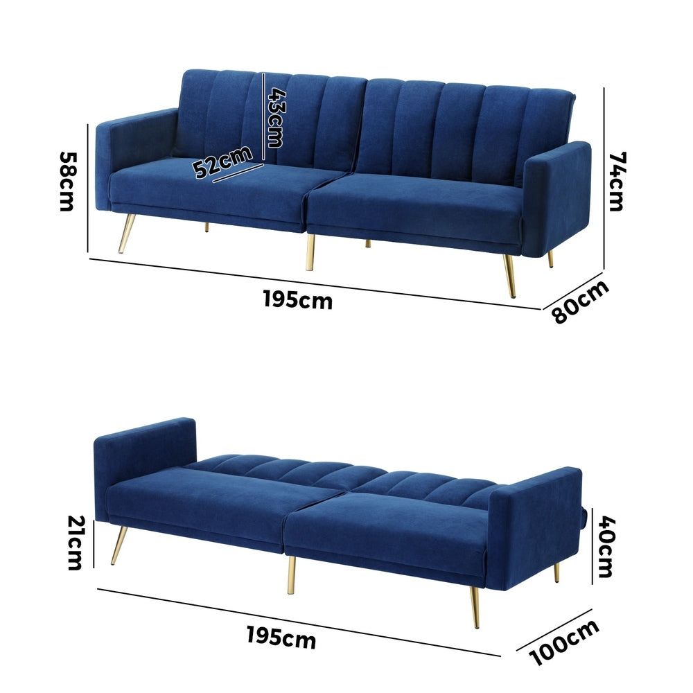Velvet 3-Seater Sofa Bed Blue
