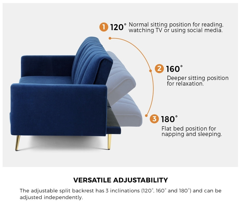 Velvet 3-Seater Sofa Bed Blue