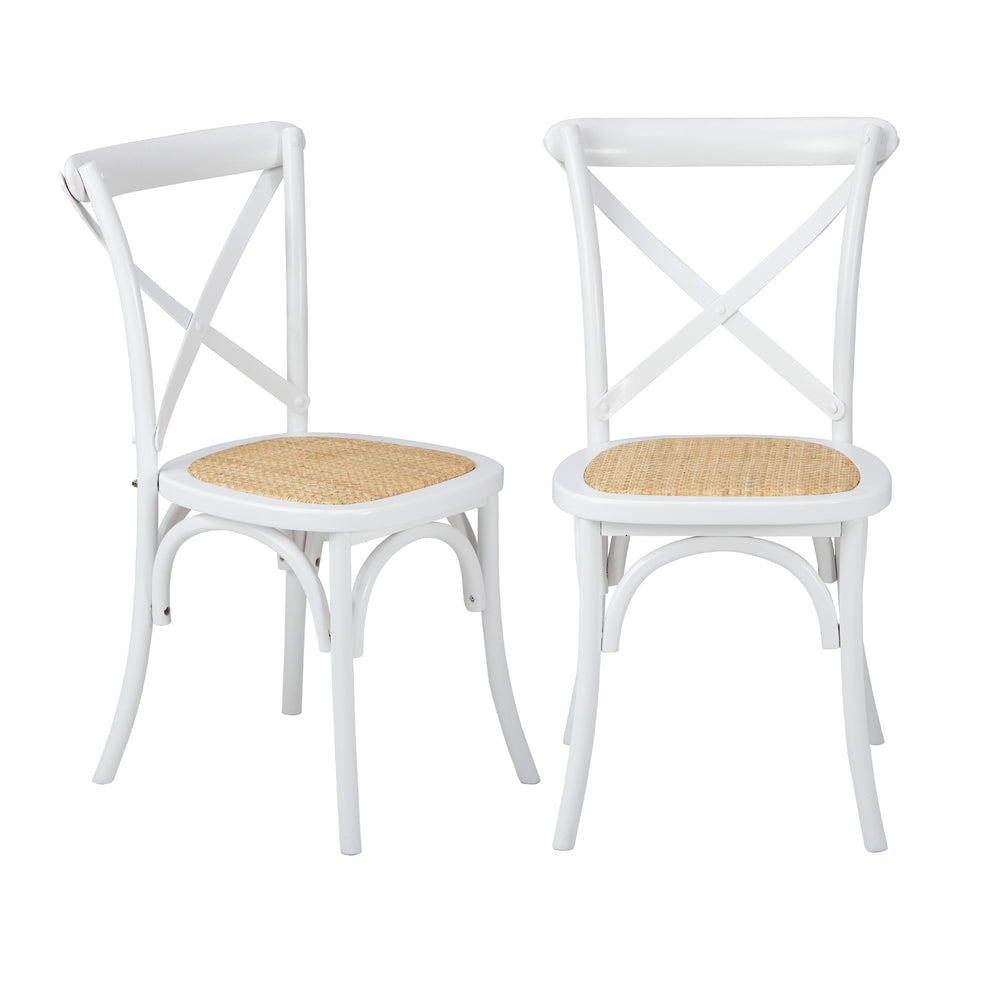 Set of 2 White Solid Wood Crossback Dining Chairs with Rattan Seat