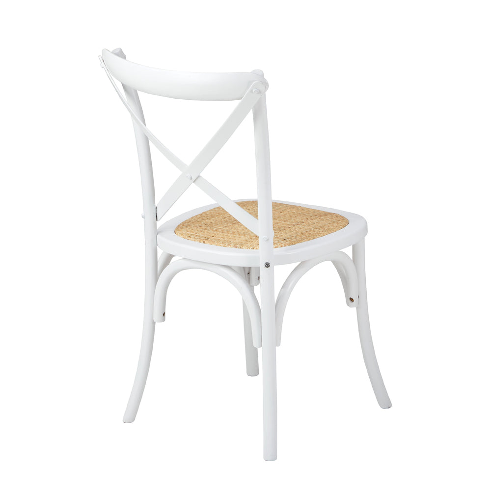 Set of 2 White Solid Wood Crossback Dining Chairs with Rattan Seat