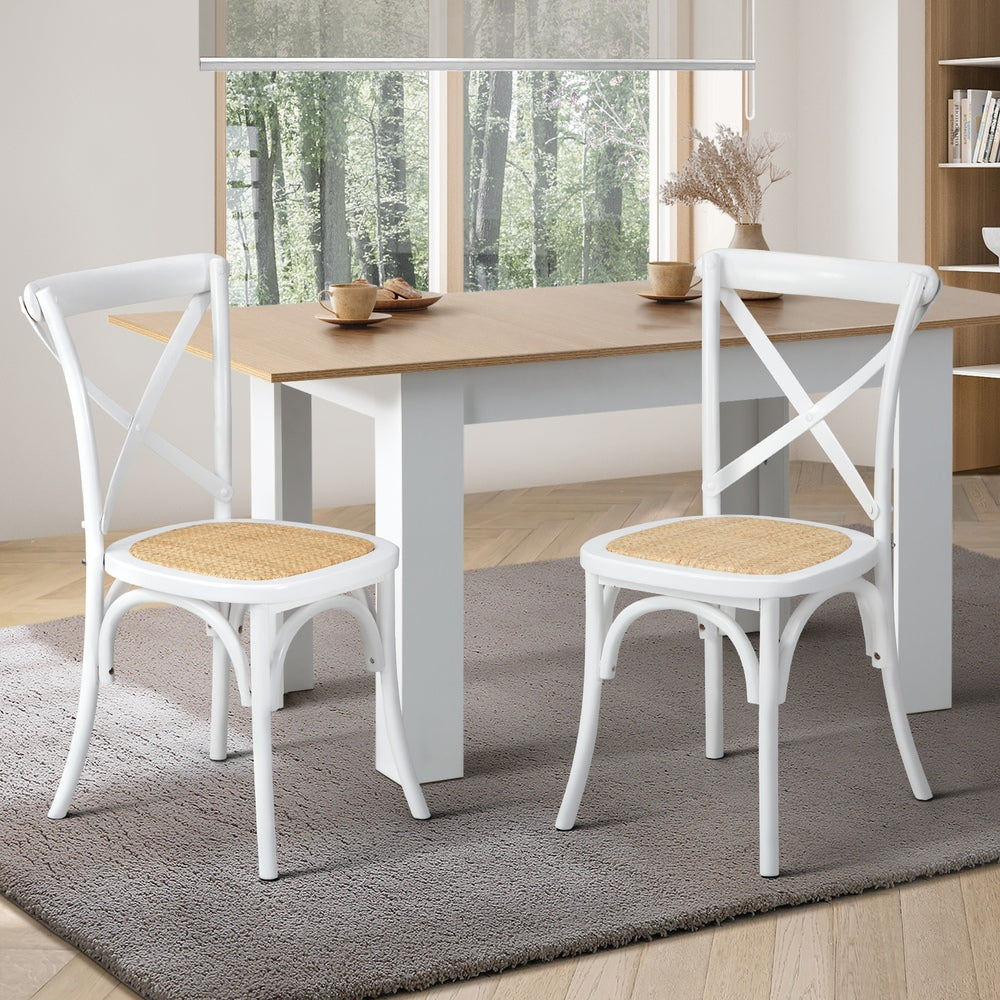 Set of 2 White Solid Wood Crossback Dining Chairs with Rattan Seat