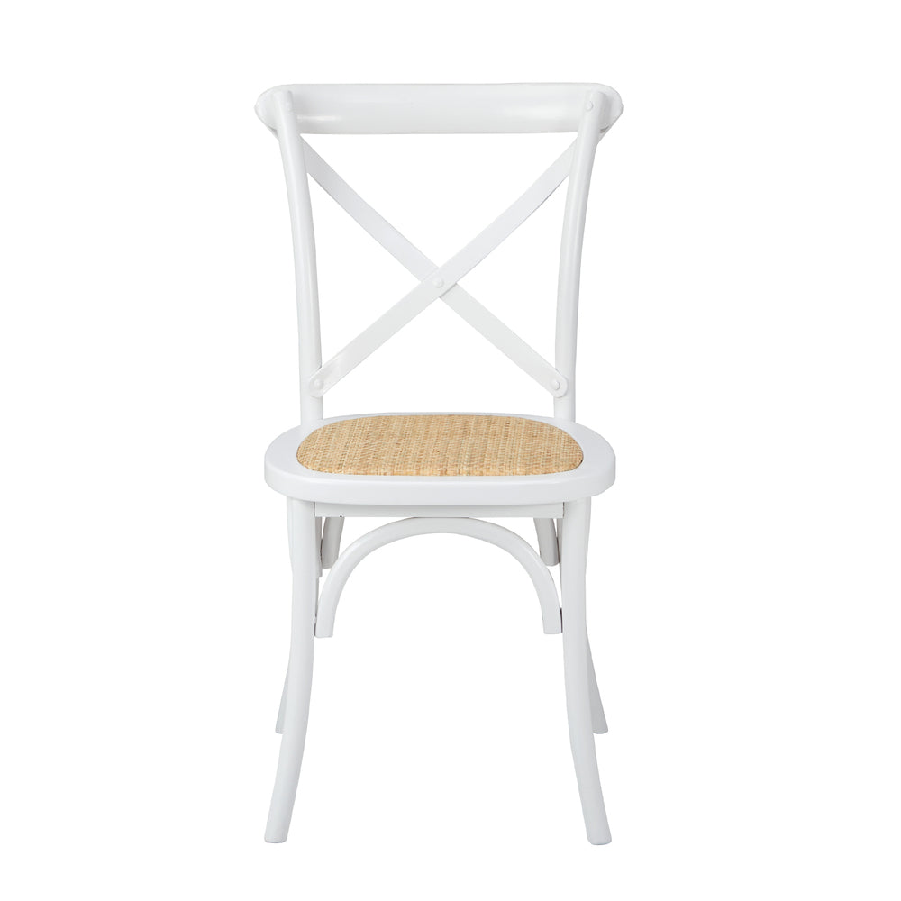 Set of 2 White Solid Wood Crossback Dining Chairs with Rattan Seat
