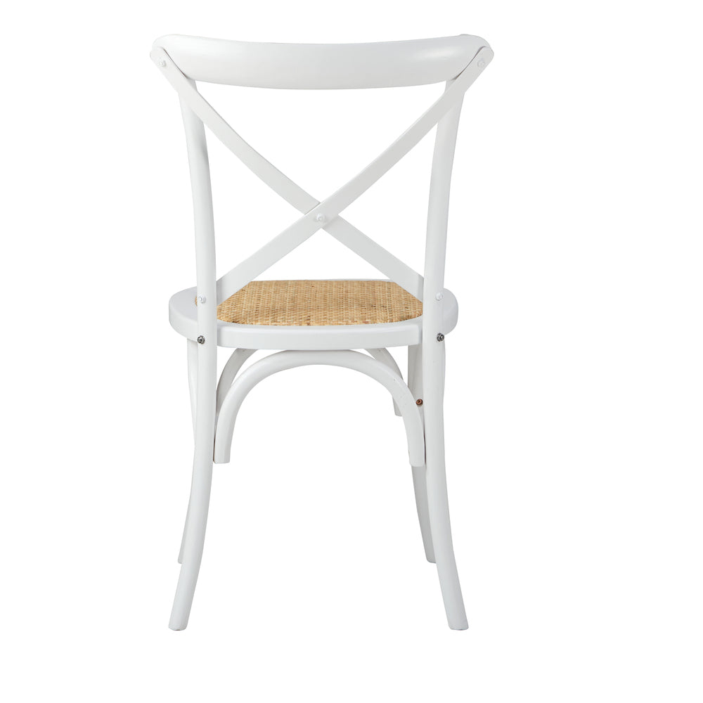 Set of 2 White Solid Wood Crossback Dining Chairs with Rattan Seat
