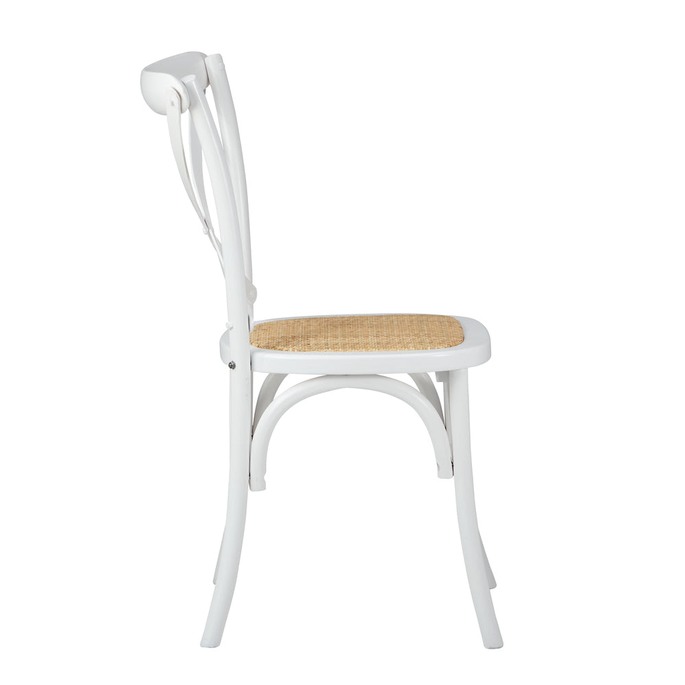 Set of 2 White Solid Wood Crossback Dining Chairs with Rattan Seat