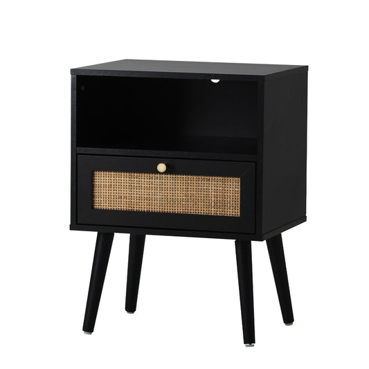 Black Bedside Table with Storage Drawer and Rattan Shelf