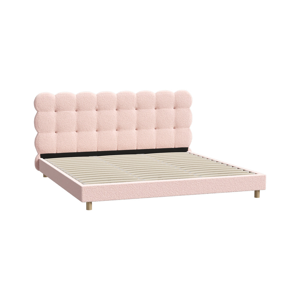Pink Boucle Fabric King Size Bed Frame with Tufted Bedhead