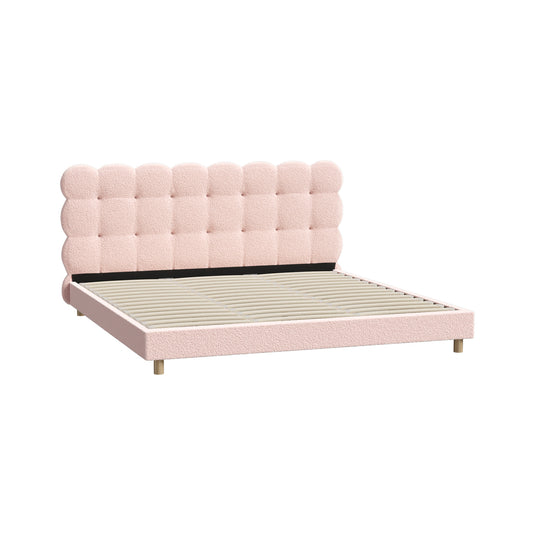 Pink Boucle Fabric King Size Bed Frame with Tufted Bedhead