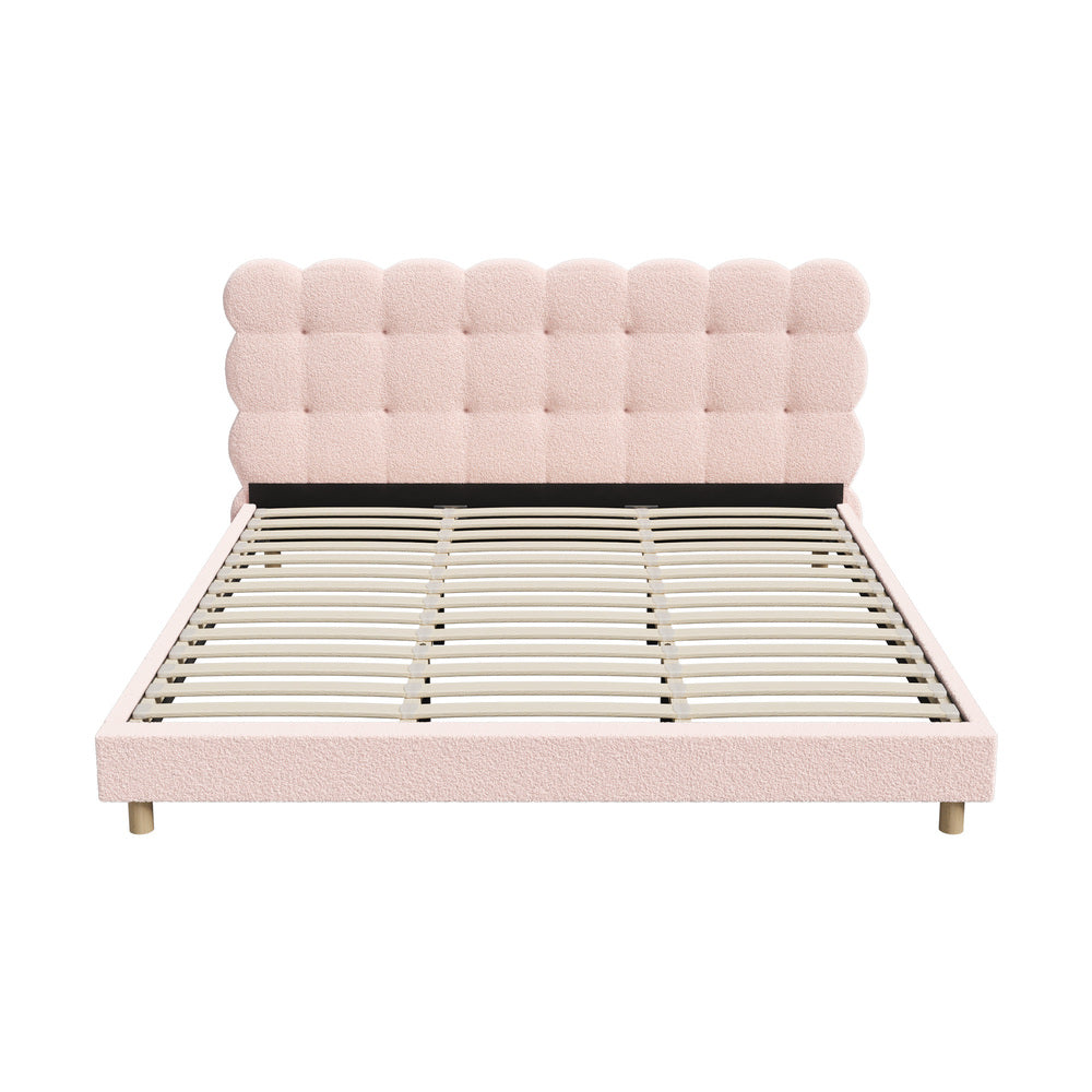 Pink Boucle Fabric King Size Bed Frame with Tufted Bedhead