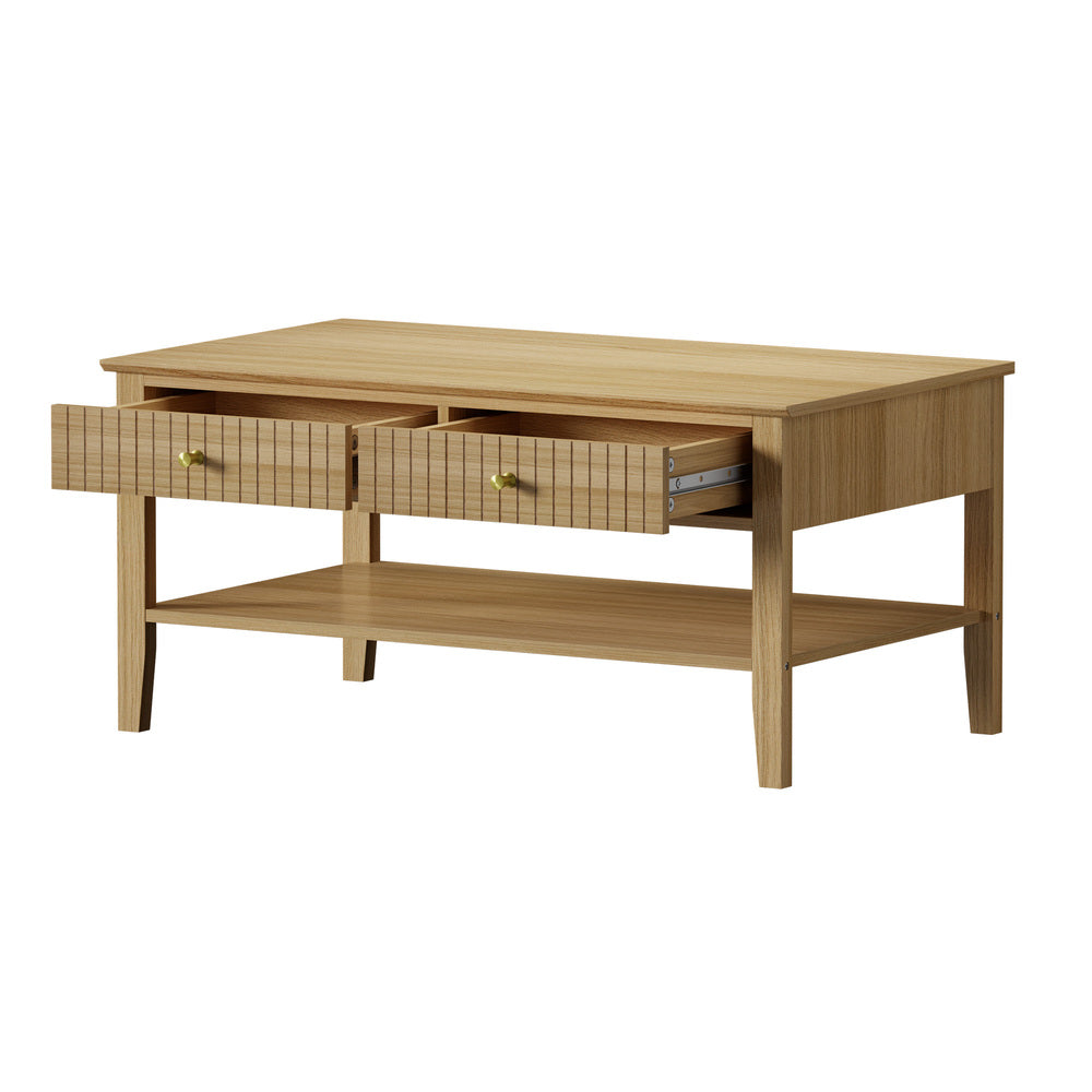 Natural Coffee Table with Storage Drawers and Open Shelving