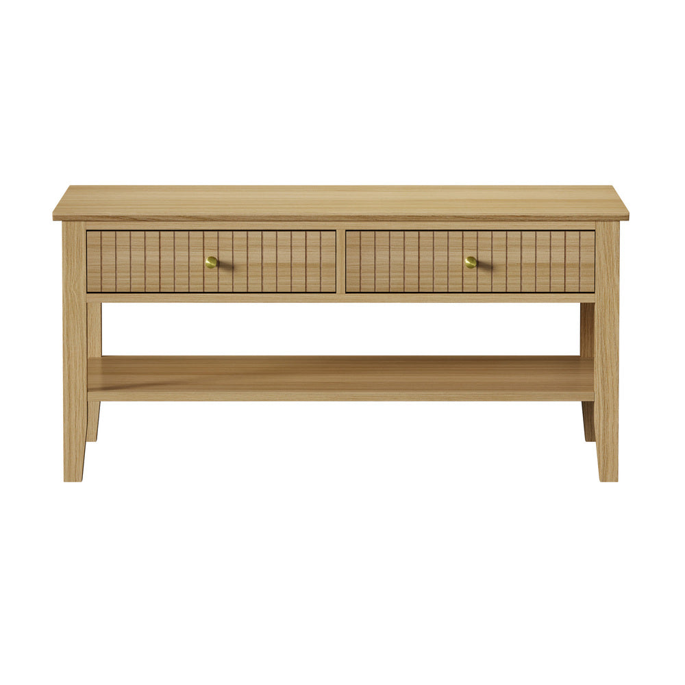 Natural Coffee Table with Storage Drawers and Open Shelving