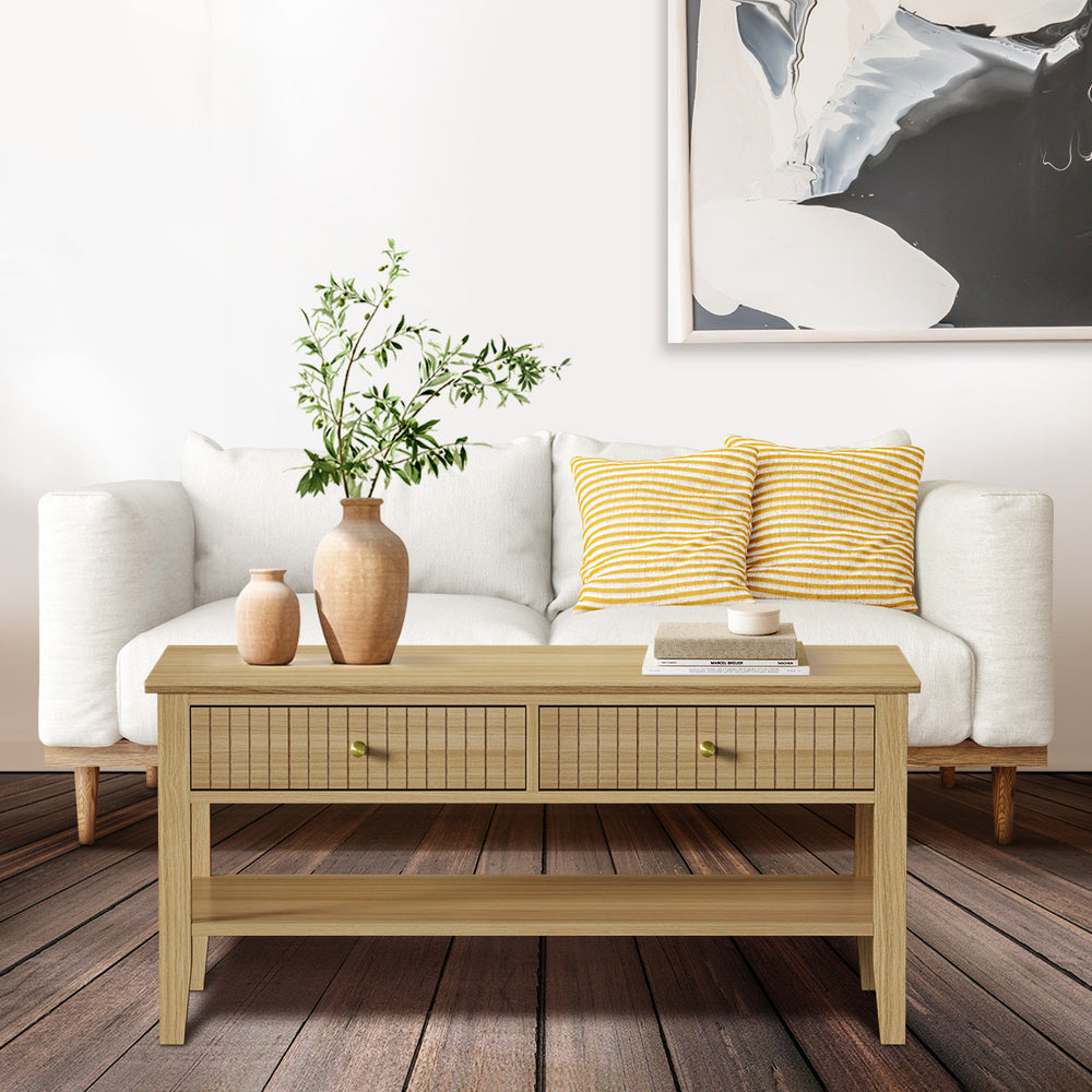 Natural Coffee Table with Storage Drawers and Open Shelving