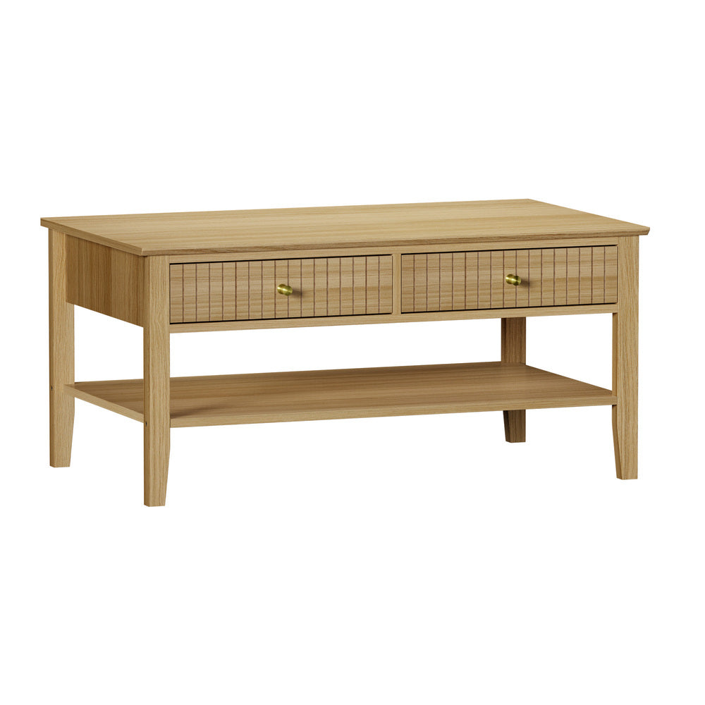 Natural Coffee Table with Storage Drawers and Open Shelving