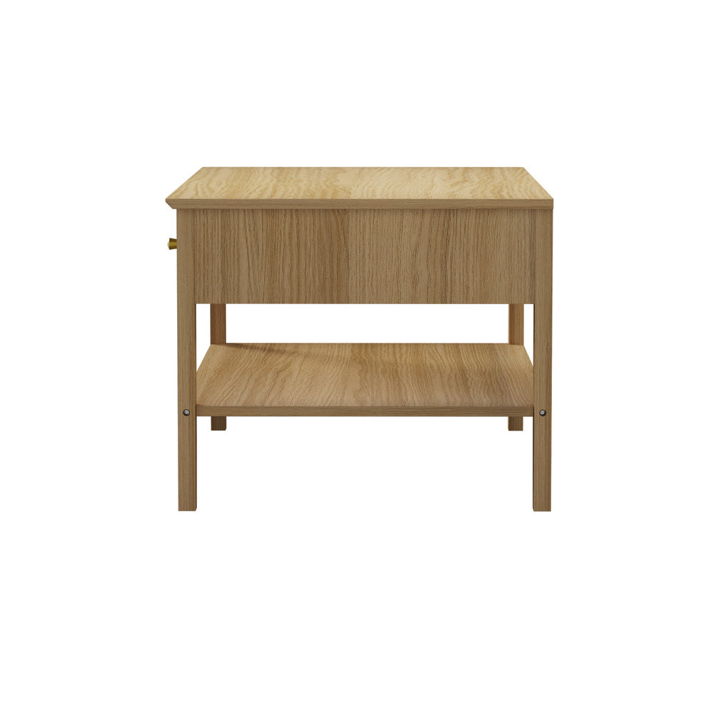 Natural Coffee Table with Storage Drawers and Open Shelving