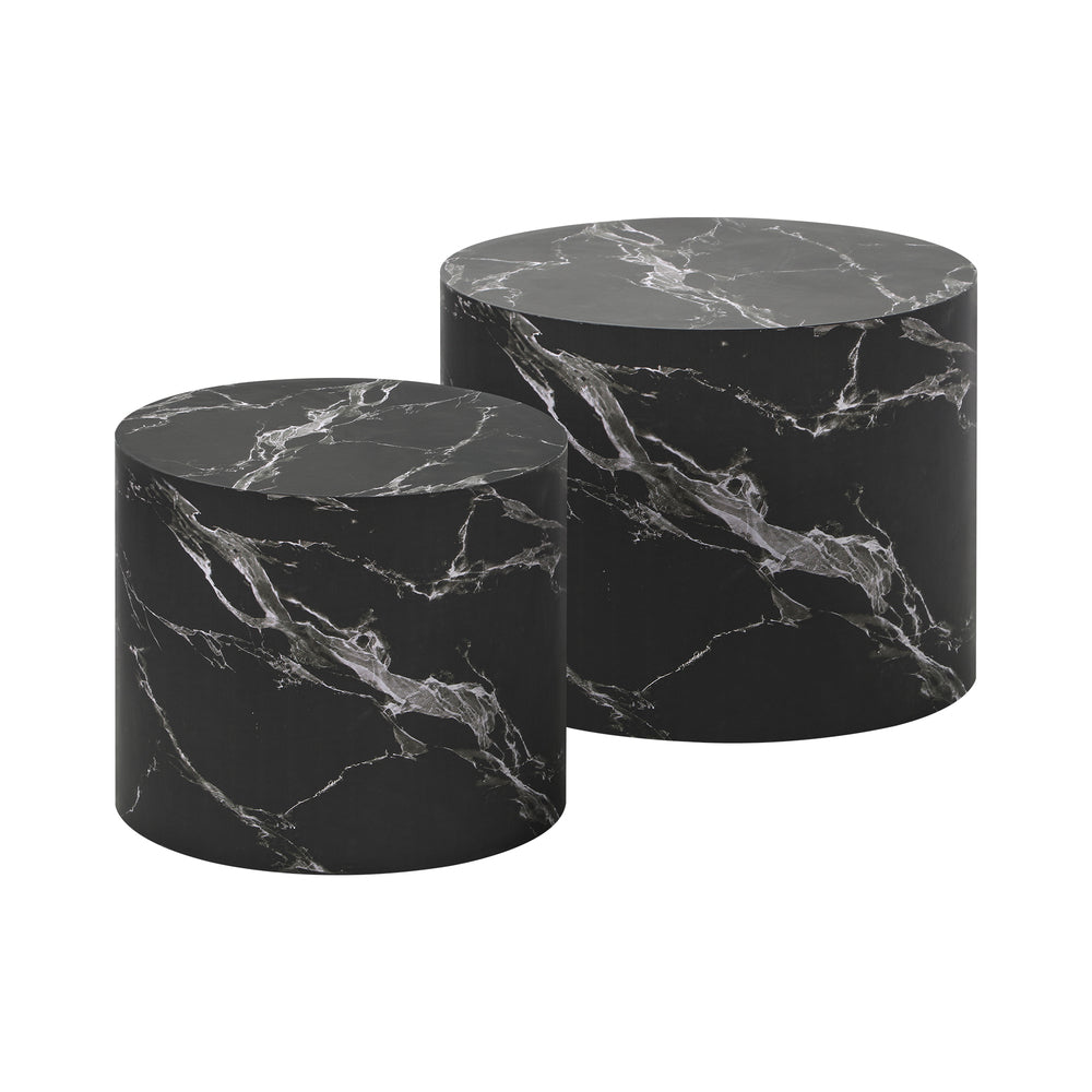 Set of 2 Black Marble Effect Round Coffee Tables
