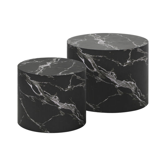 Set of 2 Black Marble Effect Round Coffee Tables