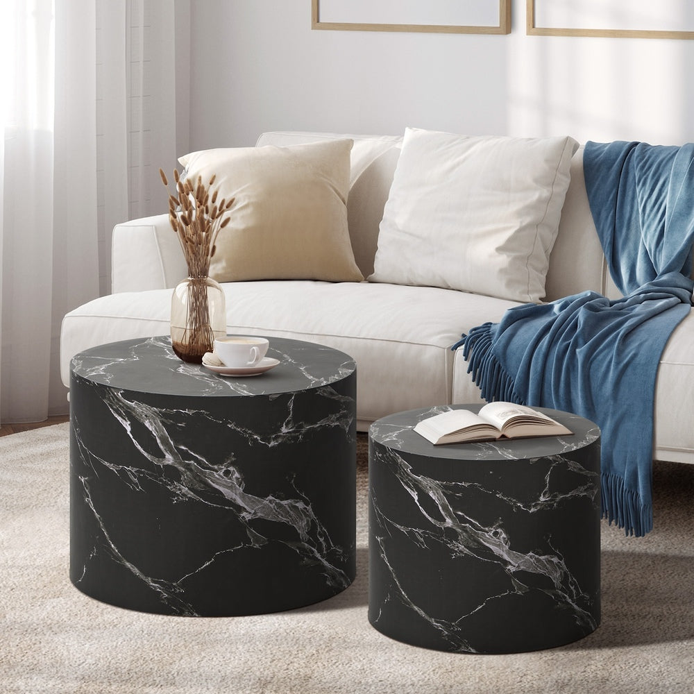 Set of 2 Black Marble Effect Round Coffee Tables
