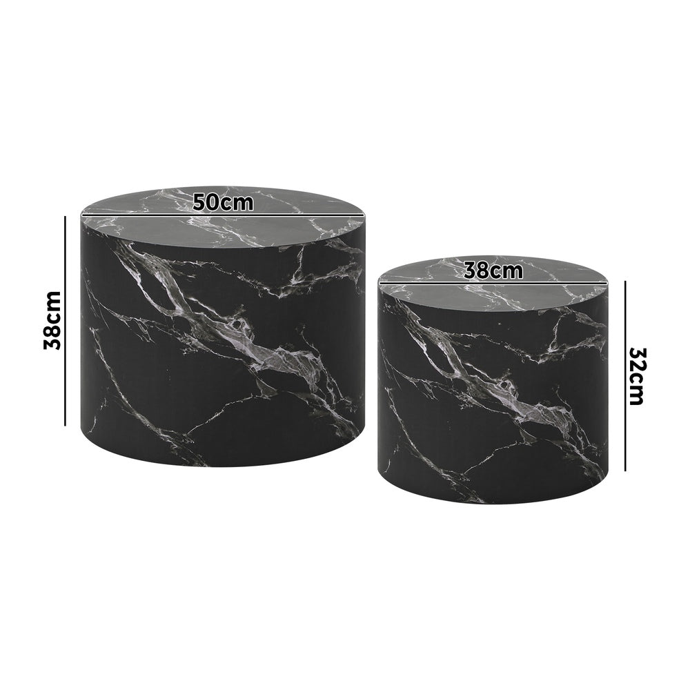 Set of 2 Black Marble Effect Round Coffee Tables