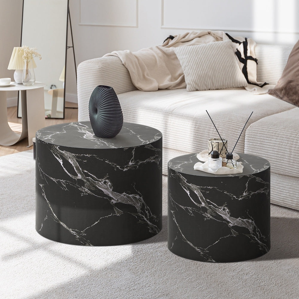 Set of 2 Black Marble Effect Round Coffee Tables