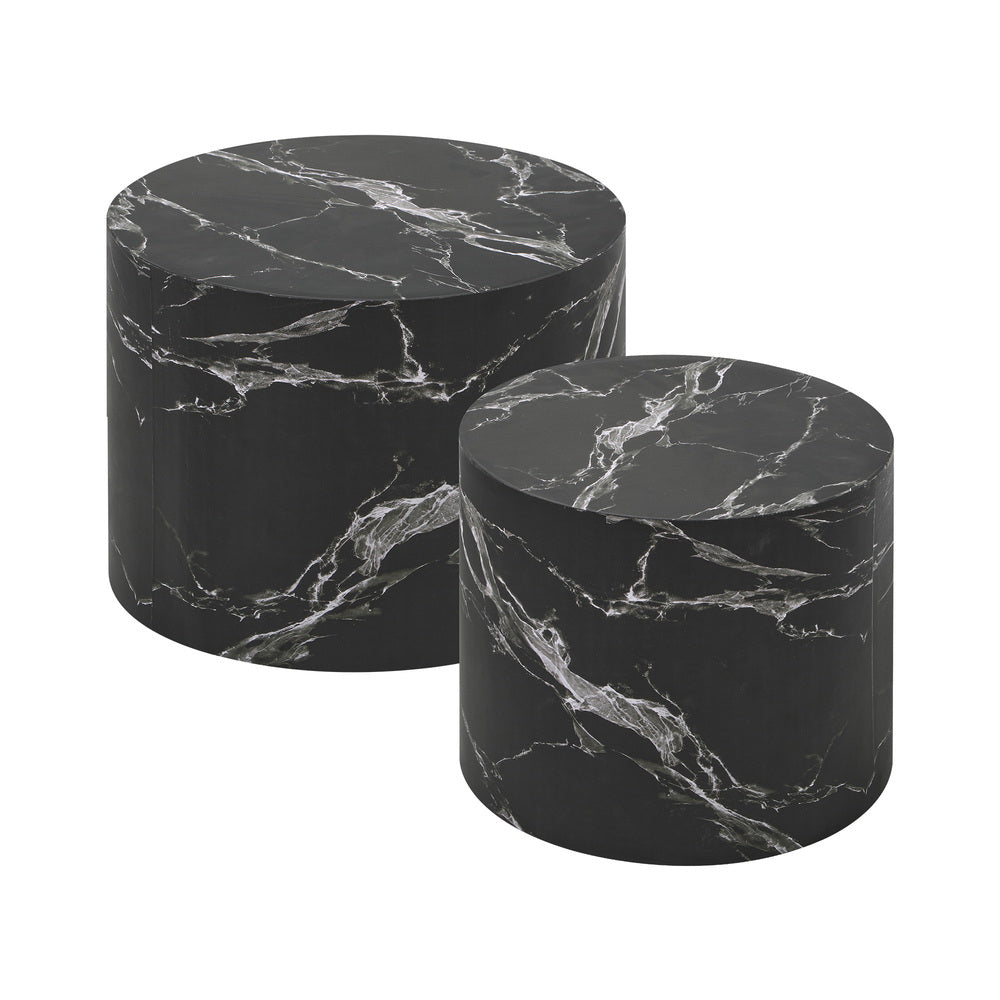 Set of 2 Black Marble Effect Round Coffee Tables