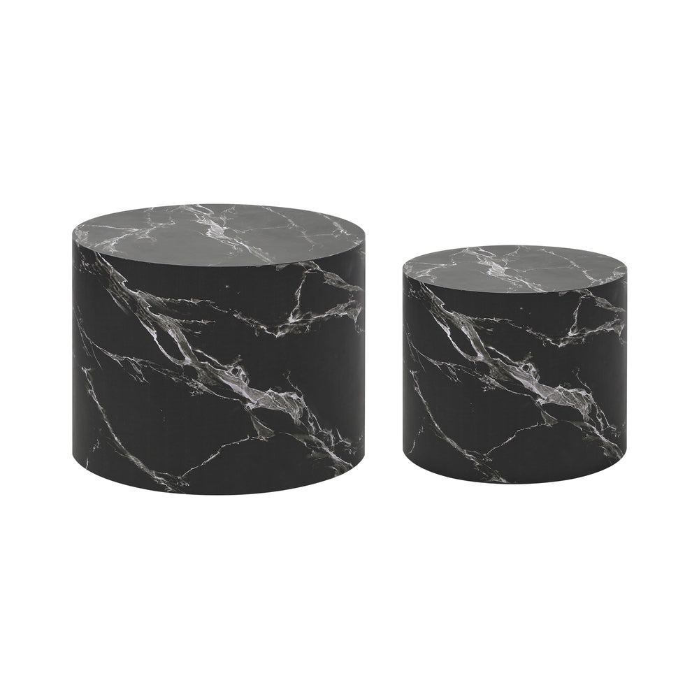 Set of 2 Black Marble Effect Round Coffee Tables