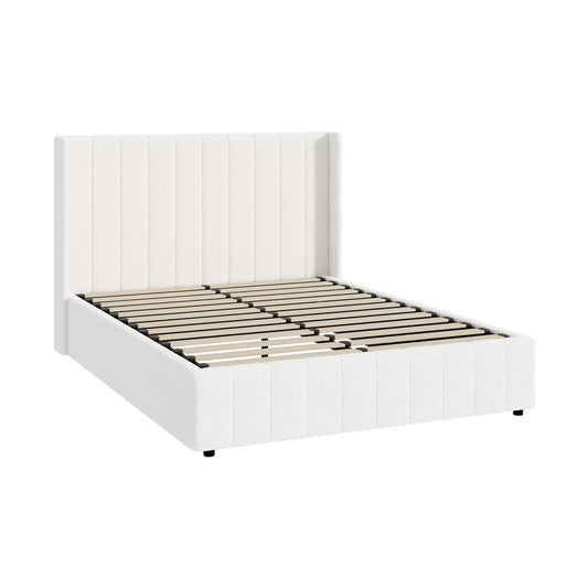 White Boucle Fabric Double Size Bed Frame with Gas Lift Base
