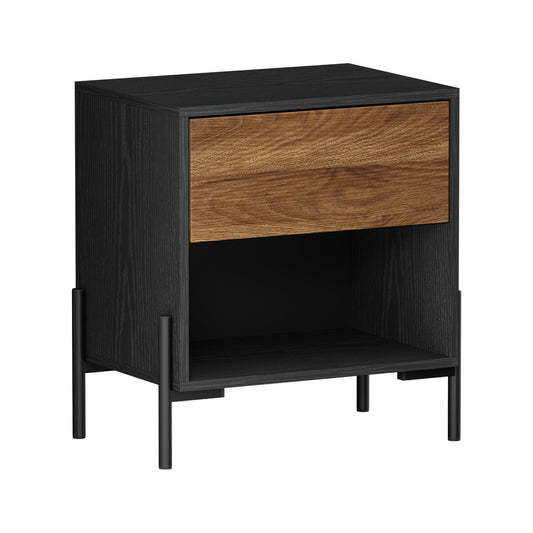 Bedside Table Nightstand with Drawer and Storage - Walnut and Black