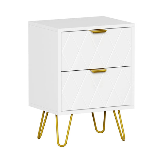 White and Gold Metal Bedside Table Nightstand with Two Drawers